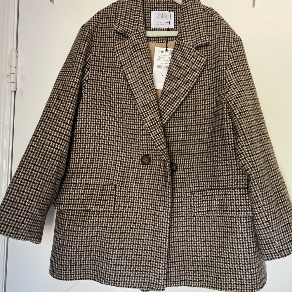 Zara Black and Tan Pea Coat Wool-Blend Oversized
